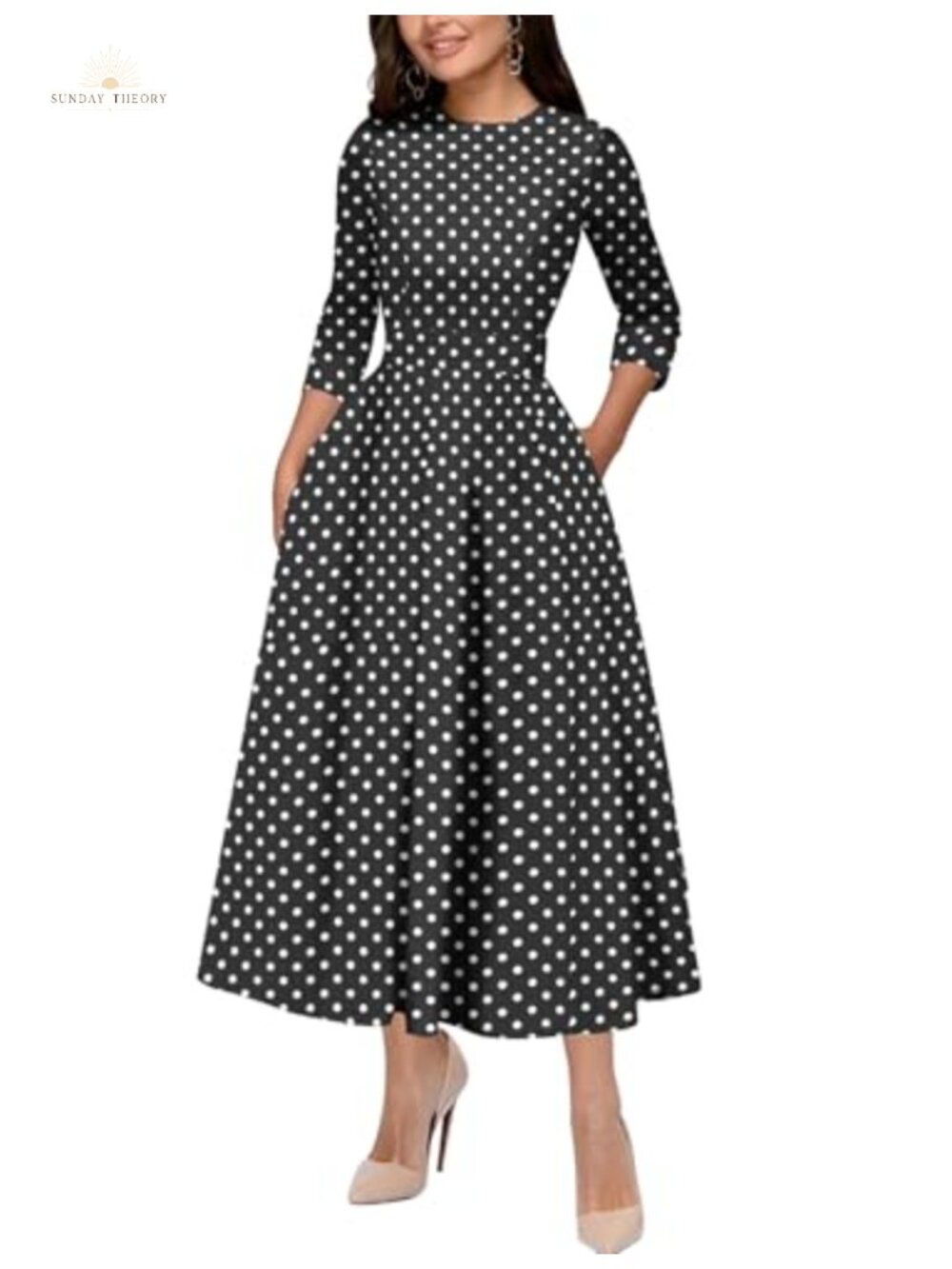 Women's 1950s Vintage Cocktail Midi Dress 3/4 Sleeve A-Line Swing